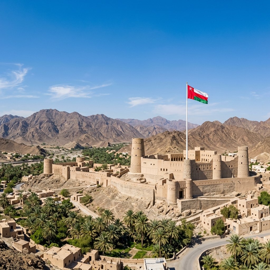 Panoramic view of Omani fort watchtower with flag waving